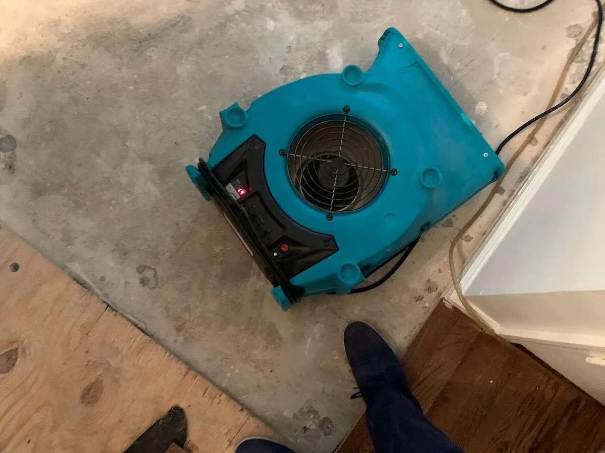 Air mover drying subfloor during Commercial Water Damage Restoration in De Witt